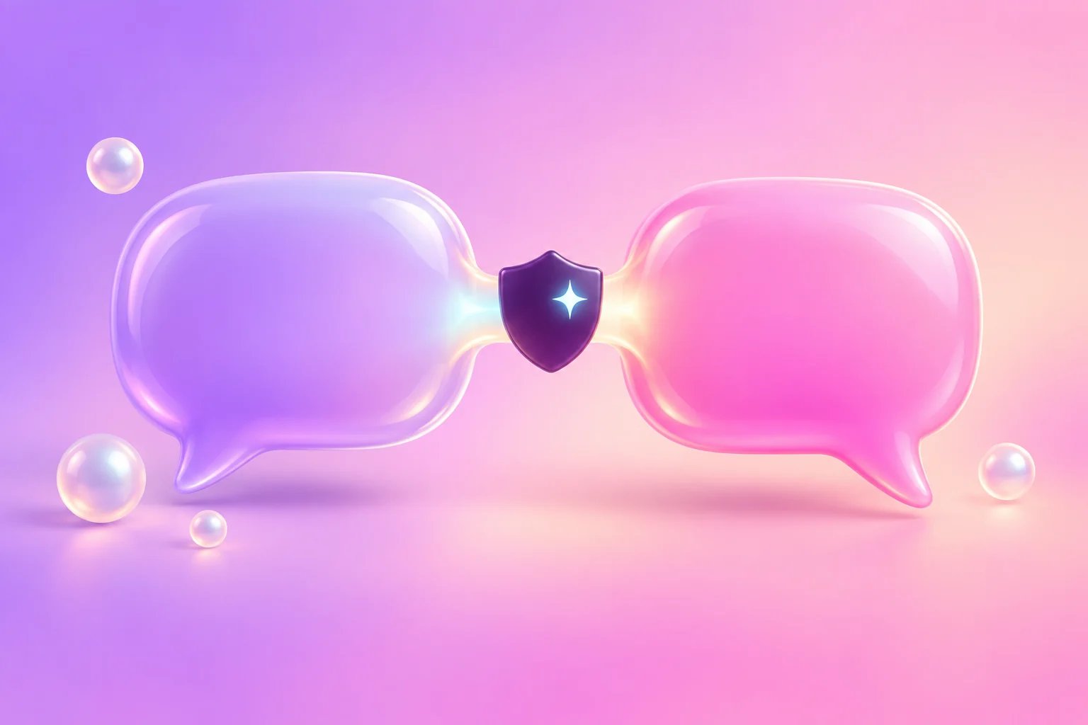 Two speech bubbles joined by a small bridge of light with a plum shield