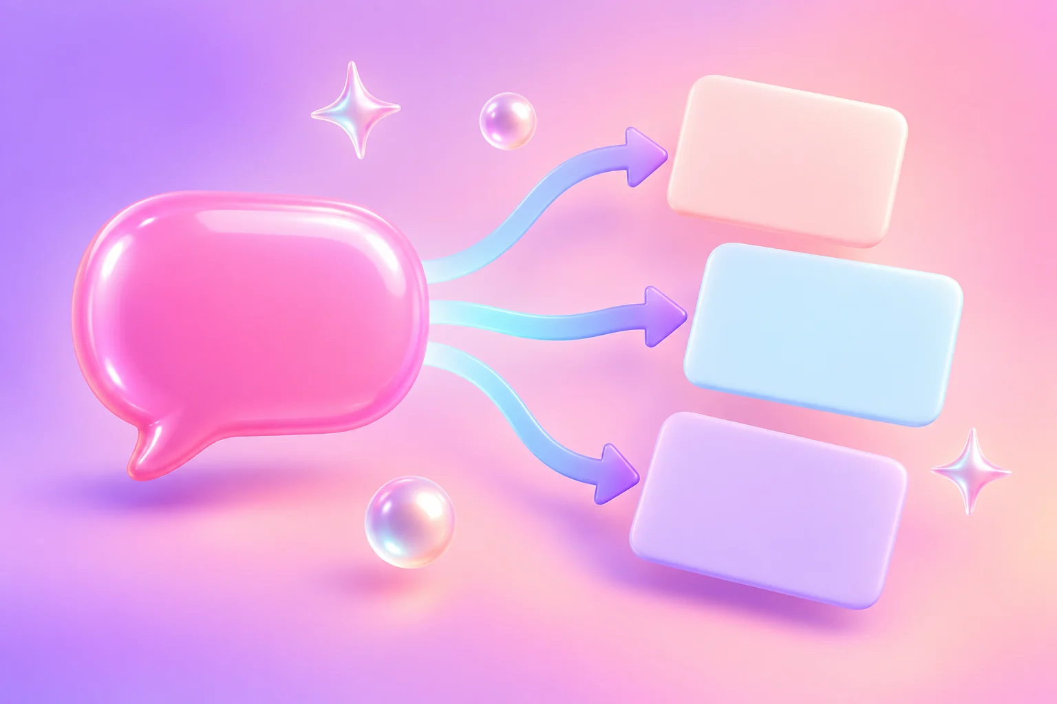 A pink speech bubble turning into three blank rewrite cards