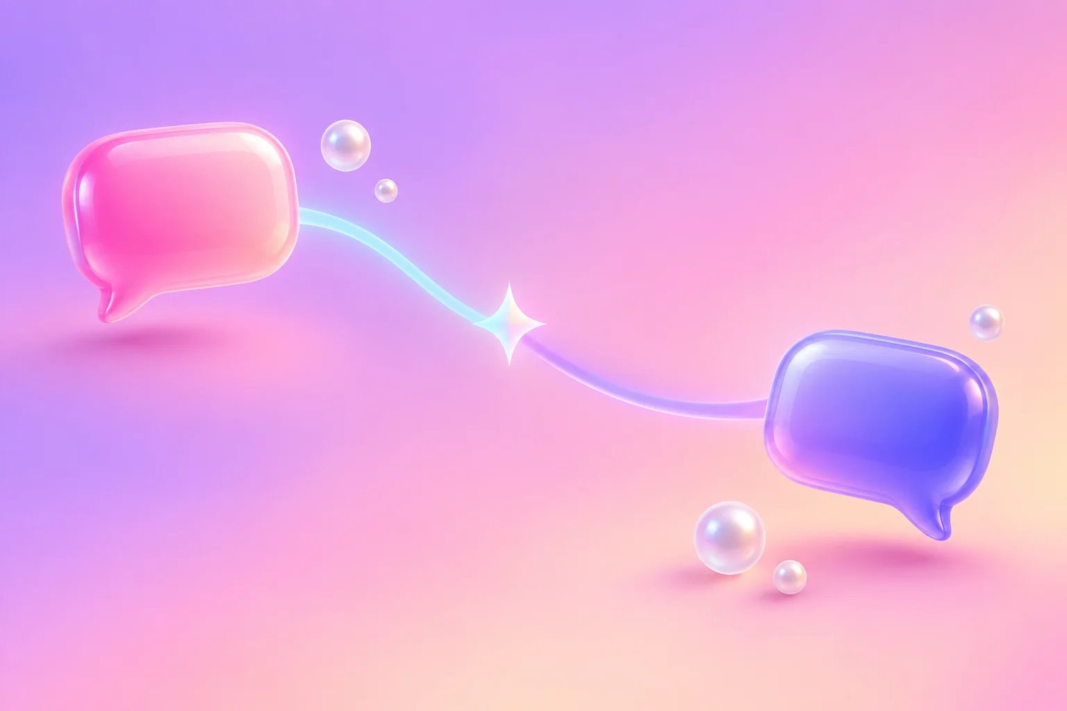 A glowing path with a sparkle linking a pink speech bubble to a violet one