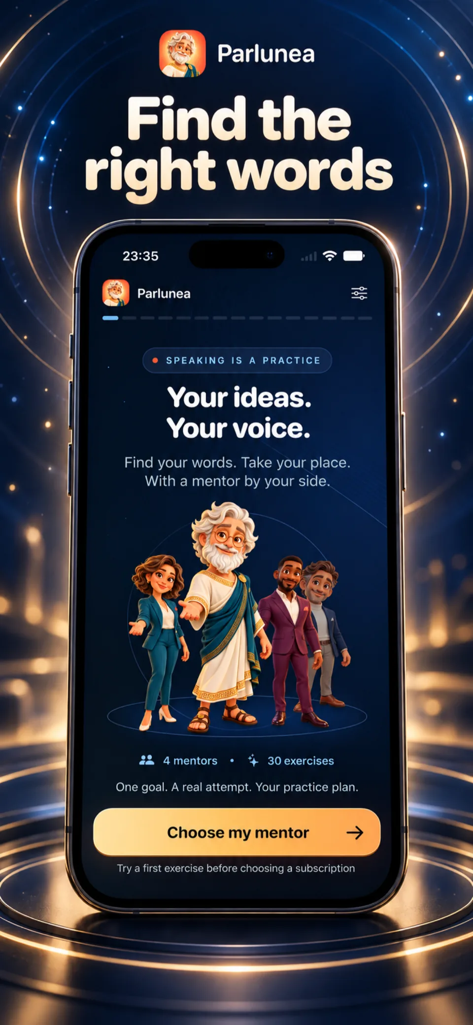 Parlunea · Welcome screen with the four mentors and the first step