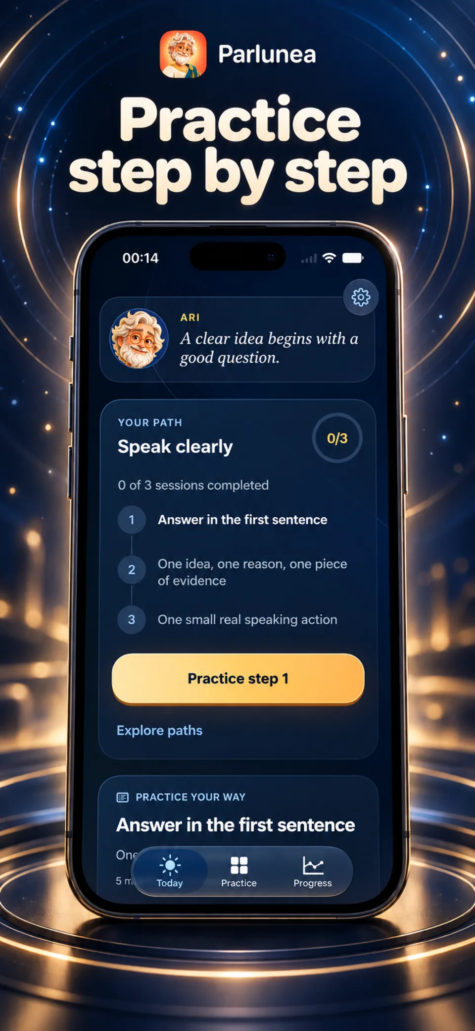 Parlunea · Today screen with a guided path and its three sessions