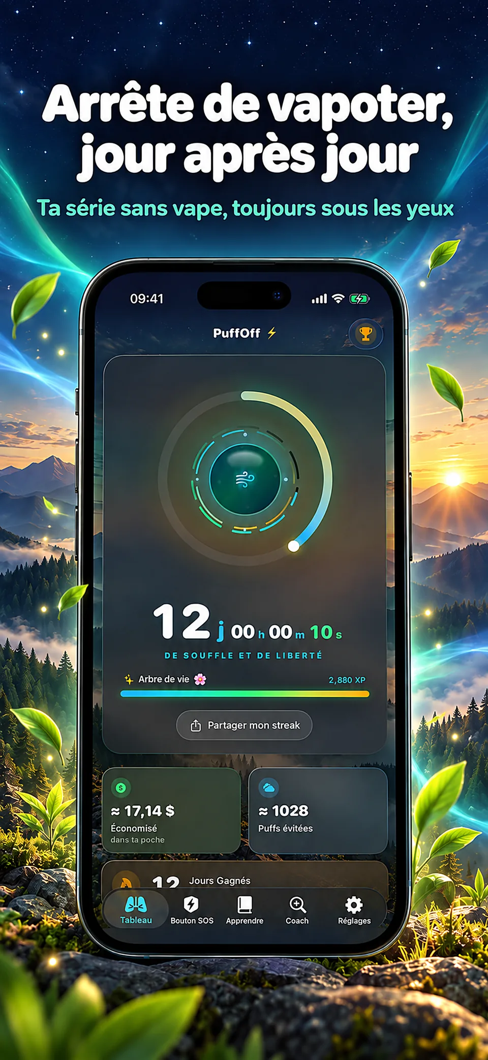 PuffOff · Tableau de bord et compteur sans vapoter