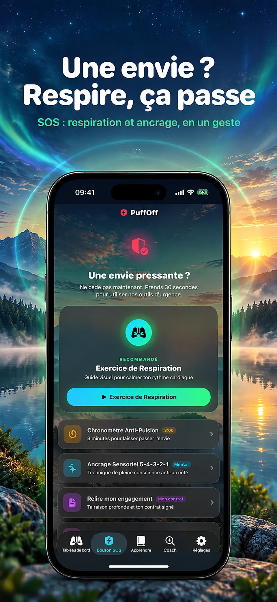 PuffOff · Menu SOS avec respiration et ancrage