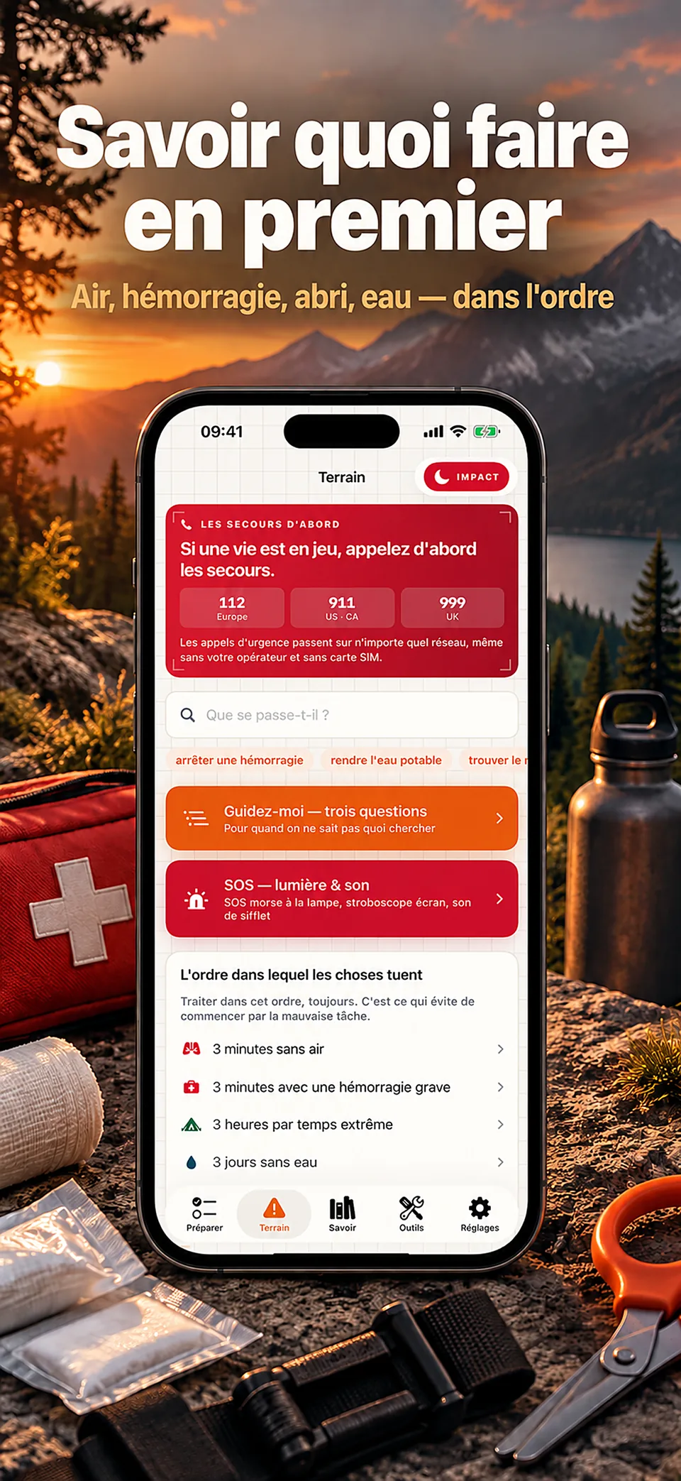 Surv · Priorités d’urgence et menu Terrain