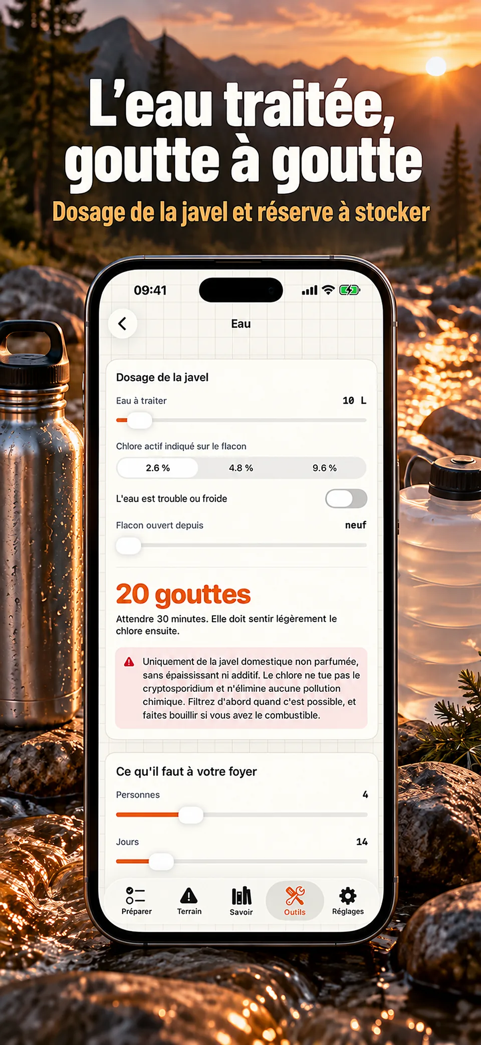 Surv · Calculateur de dosage et de réserve d’eau